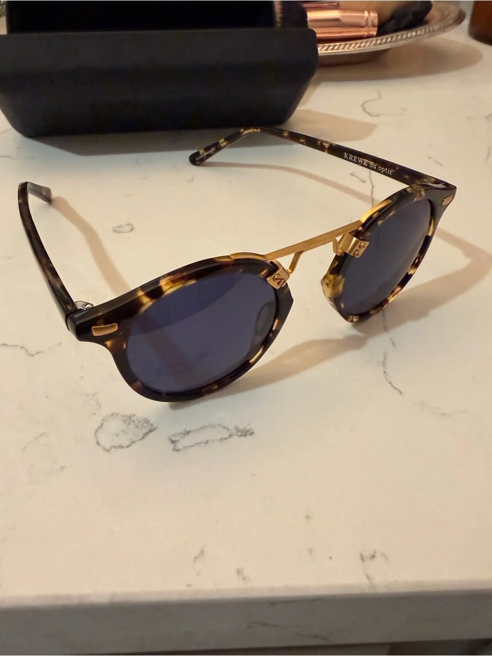 KREWE St. Louis Tortoiseshell Sunglasses with Blue Lenses and Gold Bridge